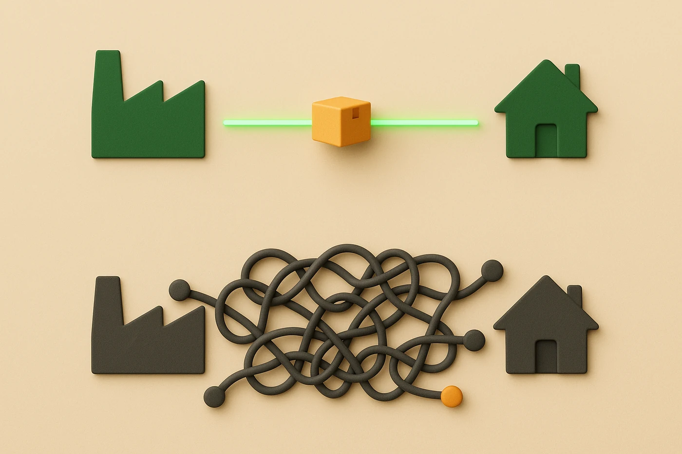 Diagram: one direct route from factory to home versus a chain of resellers