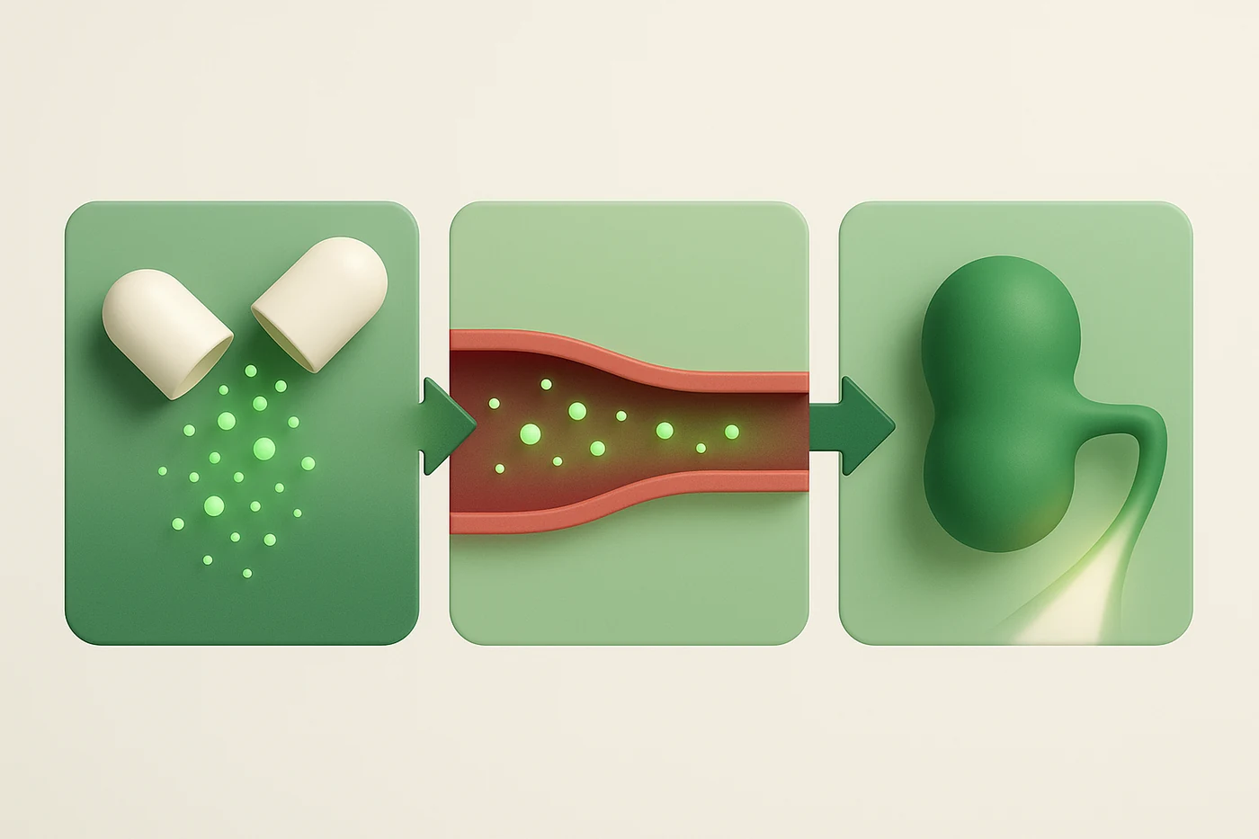 Three-stage diagram: capsule dissolving, actives in the bloodstream, swelling reducing and flow returning