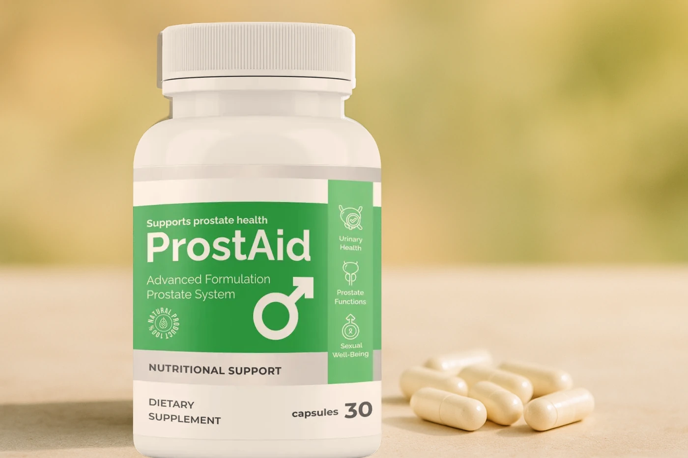 ProstAid jar with white capsules — three capsules a day with meals